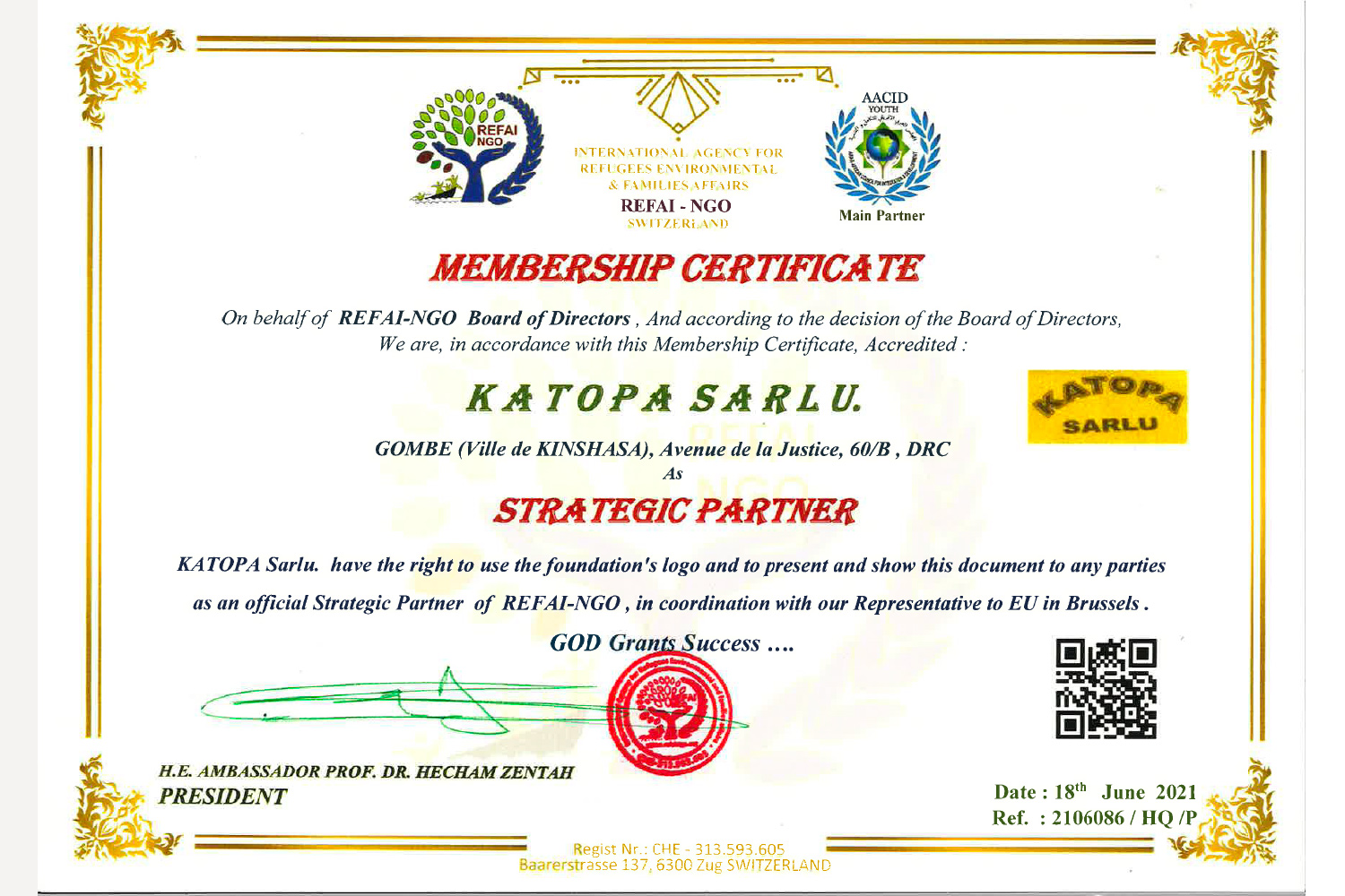 19 June 2021 &#8211; Accreditation of KATOPA Sarlu &#8211; Democratic  Republic Of Congo ,  as a Strategic Partner