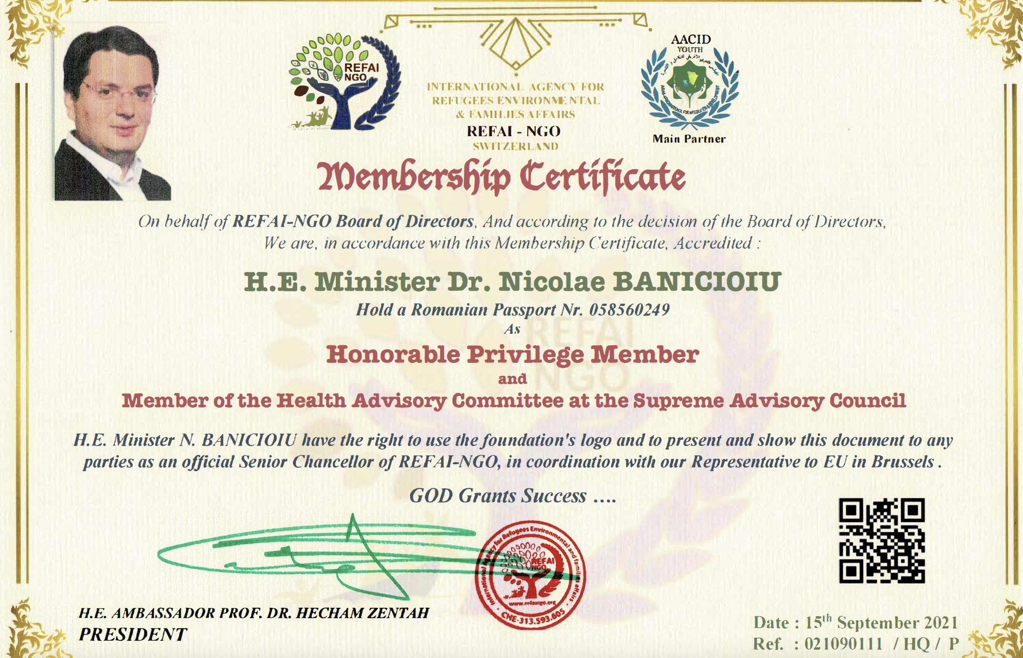15 Sept 2021 &#8211; Accreditation Of H.E. Minister Dr. Nicolae BANICIOIU head of  the Health Advisory Committee at the Supreme Advisory Council