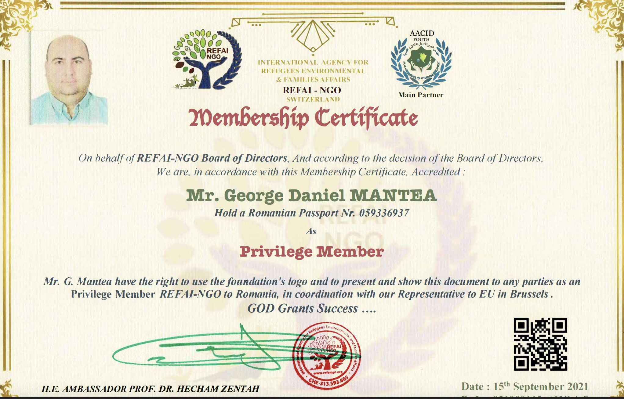 15 Sept 2021 &#8211; Mr. George Daniel MANTEA Member of REFAI-NGO